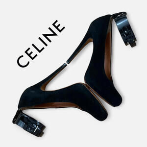 Authentic CELINE Pumps SZ 6 Black Suede Ankle Strap Designer Stiletto Heel Shoe